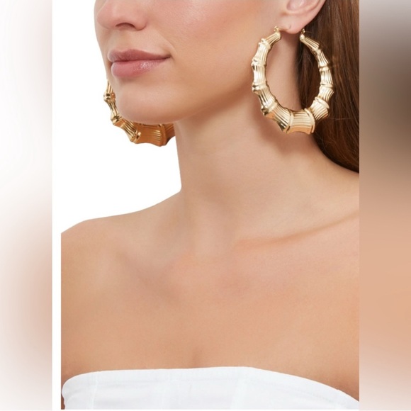 Gold Exaggerated Bamboo Hoop Earrings - Picture 1 of 10